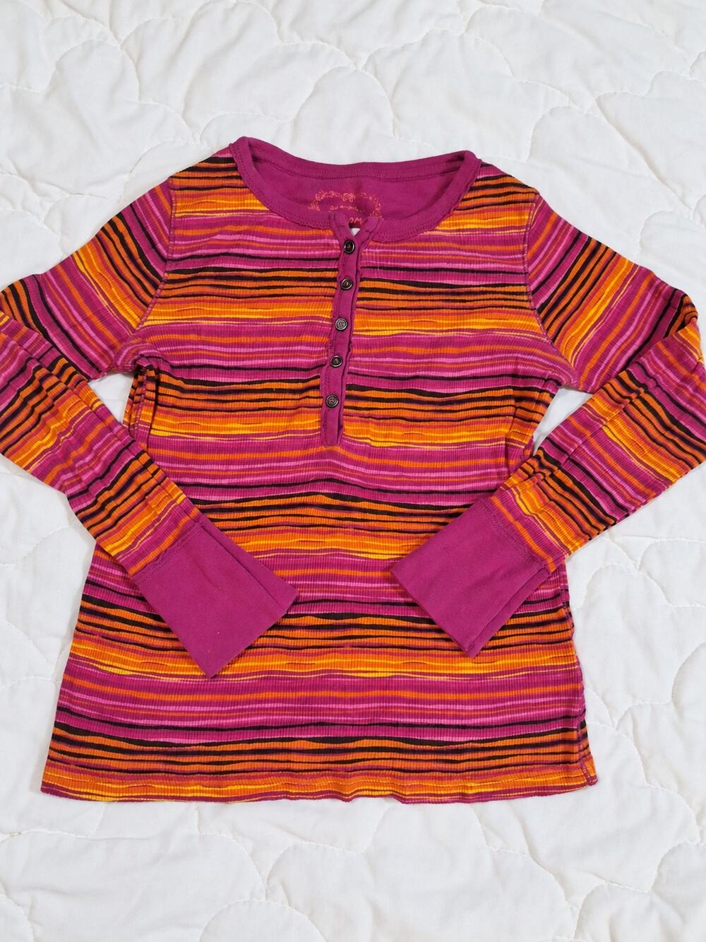 Arizona Girls 10/12 Y2K Striped Ribbed Henley Long Sleeve Top